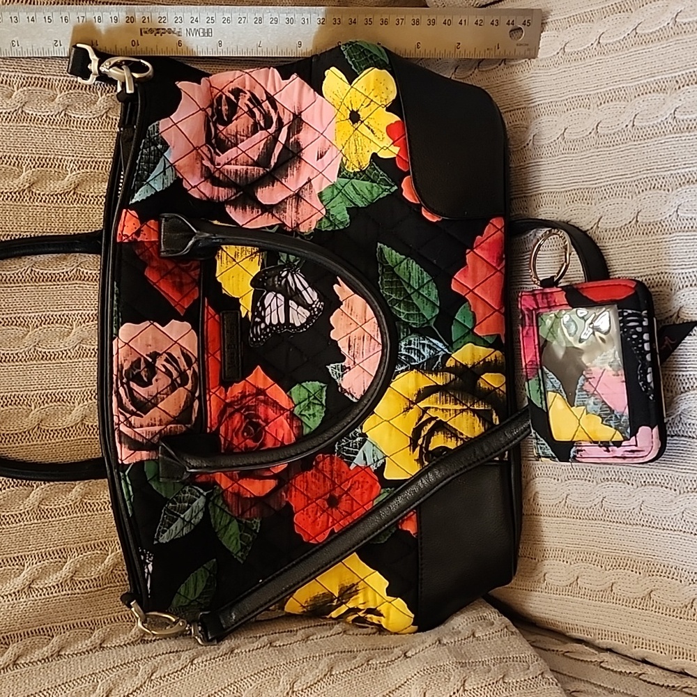 Vera Bradley Black Quilted Crossbody Bag with Pink, Red & Yellow Floral Print